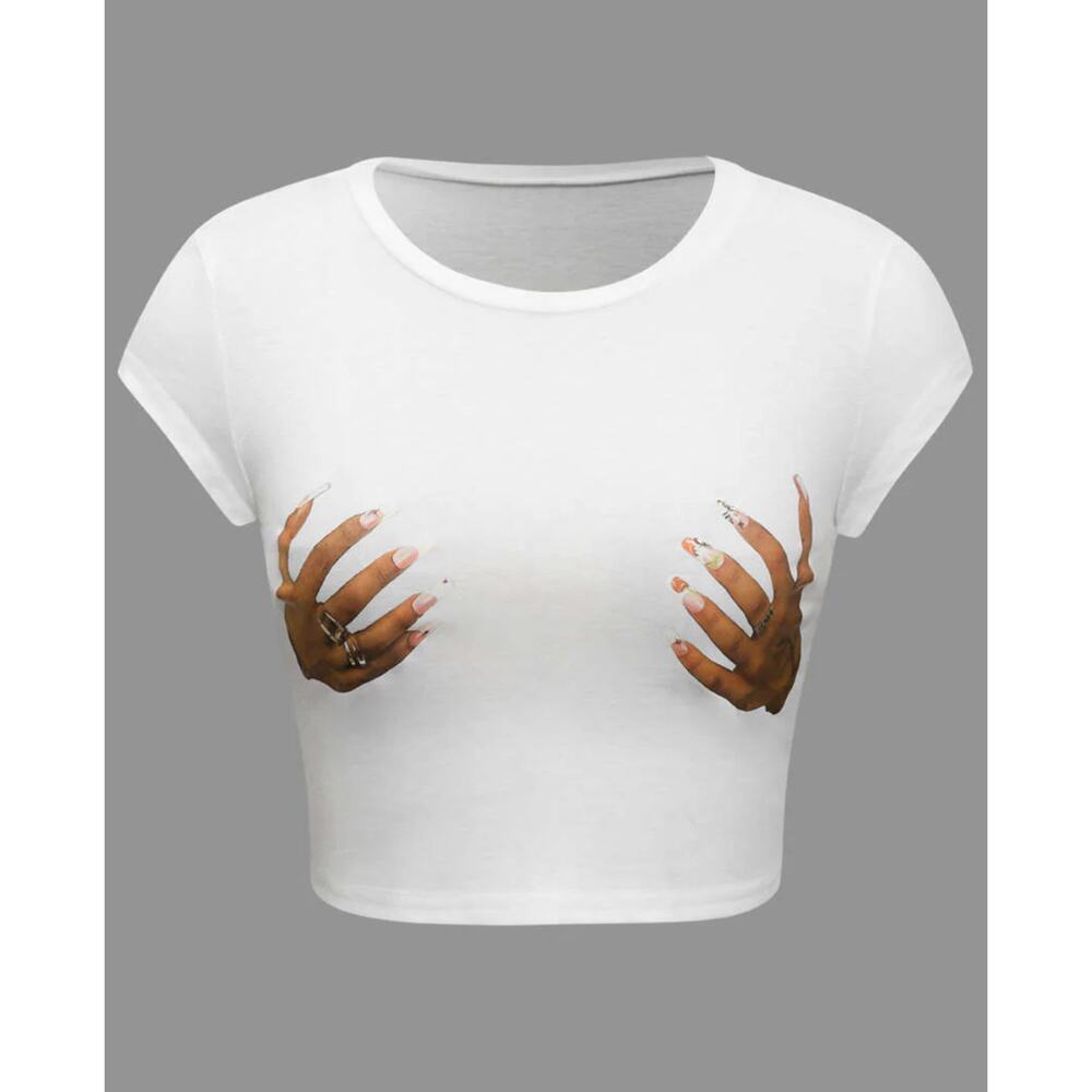 Micas, Hands Print Round Neck Crop Top, NWT, Small